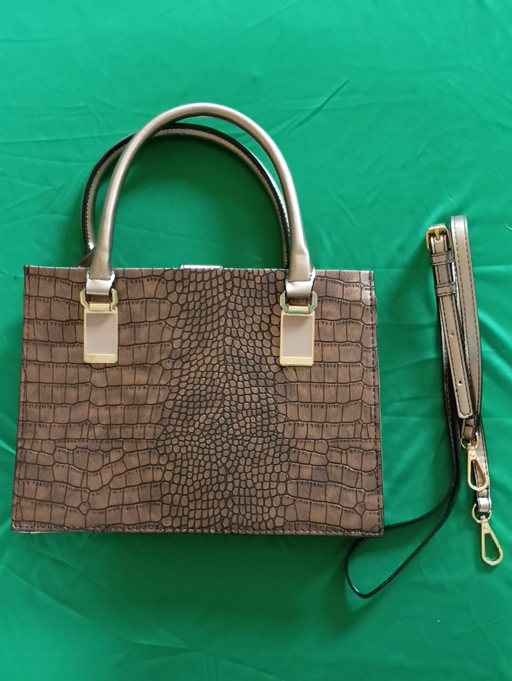 Kate Landry Taupe Croc-Embossed Satchel with Gold Hardware